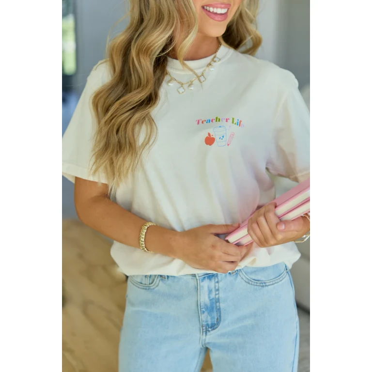 Checkered Teacher Life Multi Ivory Graphic Tee