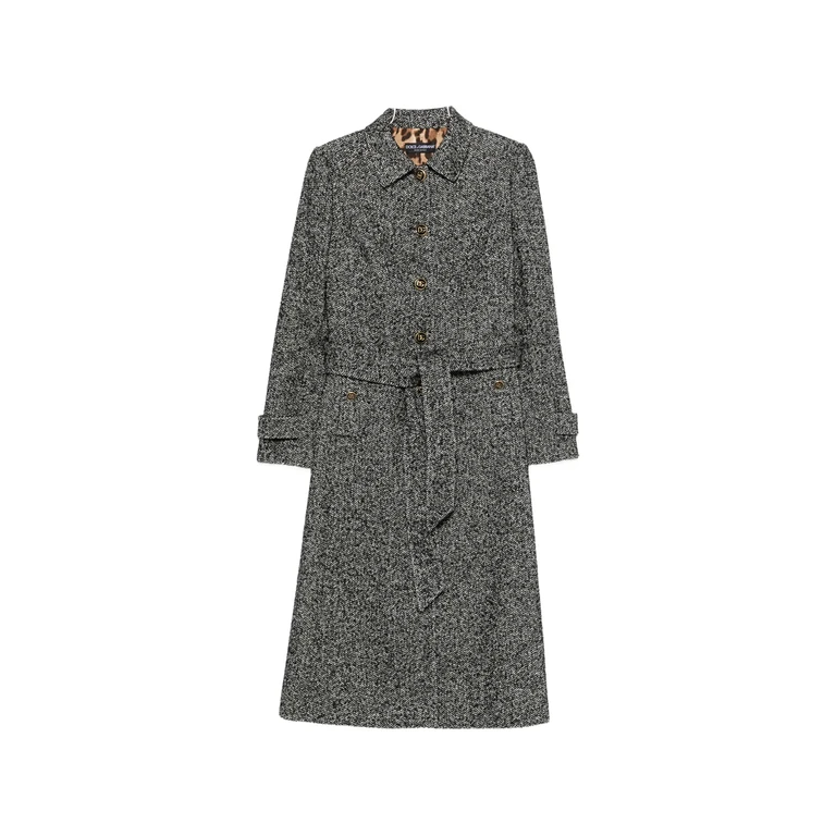 Herringbone-pattern Belted Single-breasted Coat