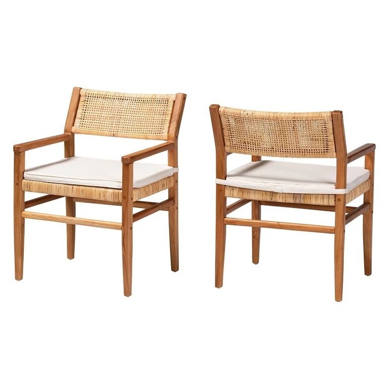 Chatura Natural Rattan and Mahogany Wood Dining Armchair Set of 2