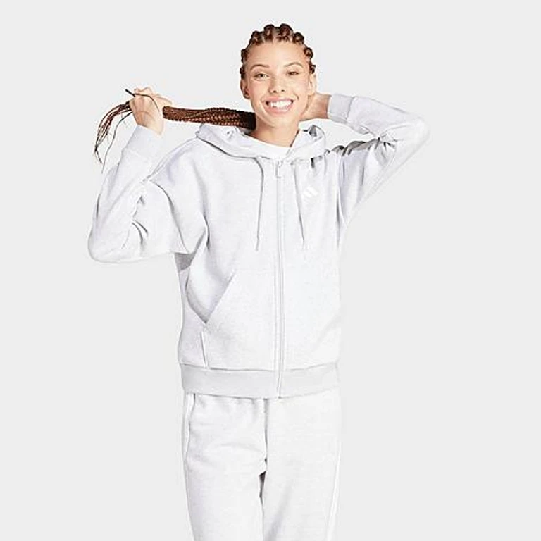 adidas Women's Sportswear Essentials 3-Stripes Full-Zip Fleece Hoodie in Light Grey Heather/White Size: Small