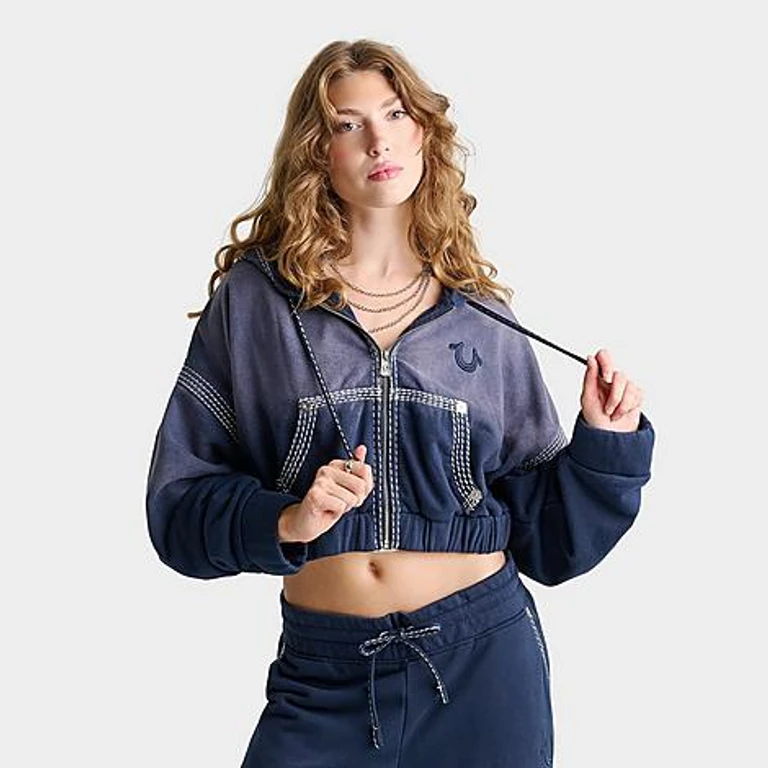 True Religion Women's Super T Washed Relaxed Girlfriend Full-Zip Hoodie in Medium Indigo Wash Size: XS