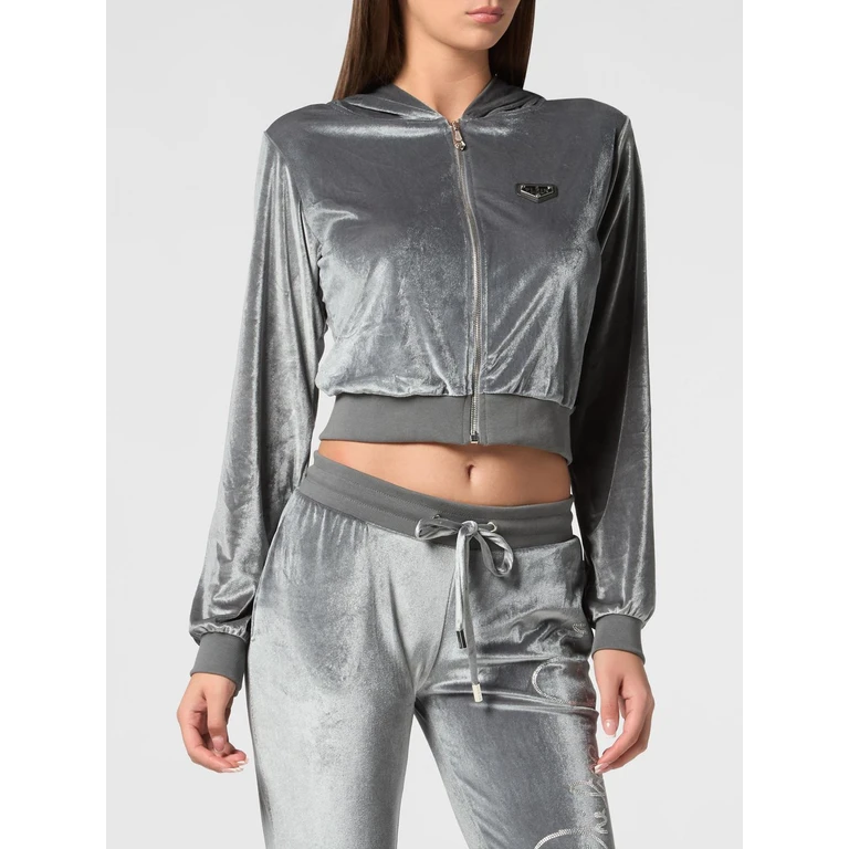 Cropped Velvet Zip-Up Hoodie with Rhinestone Logo Detail (UADCWJB1809PTE003N10)