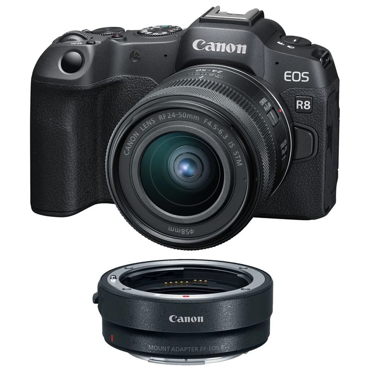EOS R8 Systemkamera mit RF 24-50mm f/4.5-6.3 IS STM Objektiv und EF-EOS R Mount-Adapter