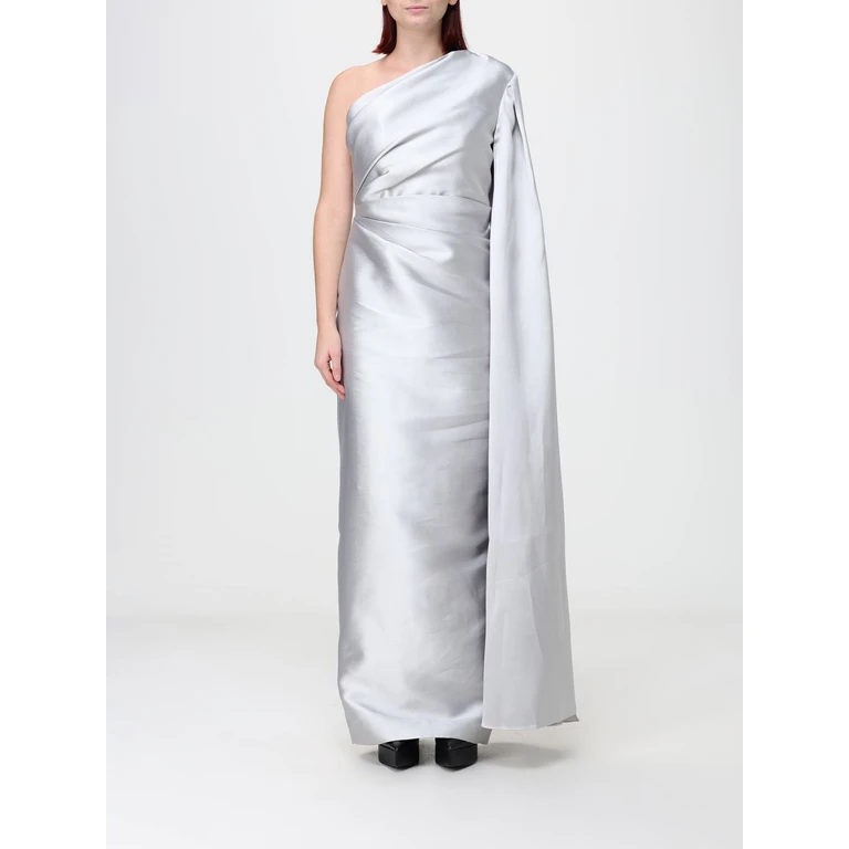 SOLACE LONDON One-Shoulder Long Satin Gown with Draped Waist (OS49006PLATINUM)