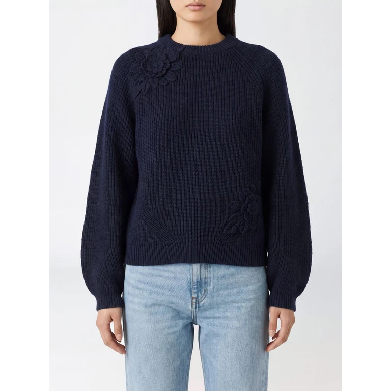 Wool Blend Crewneck Jumper with Floral Embroidery Appliqué (262TT319011956)