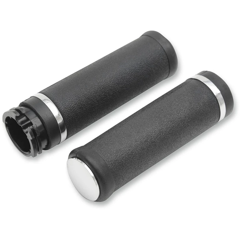 17-0556-BC324 - Drag Specialties Rubber Grips with Accent Rings & End Caps For Harley Davidson FL 1200 1973-1977 - Black/Chrome