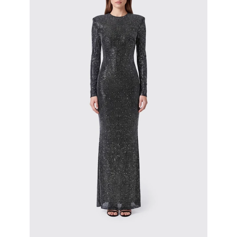 Long Sheath Evening Gown in Jersey with Rhinestones and Padded Shoulders (A0174NEROARGENTO)