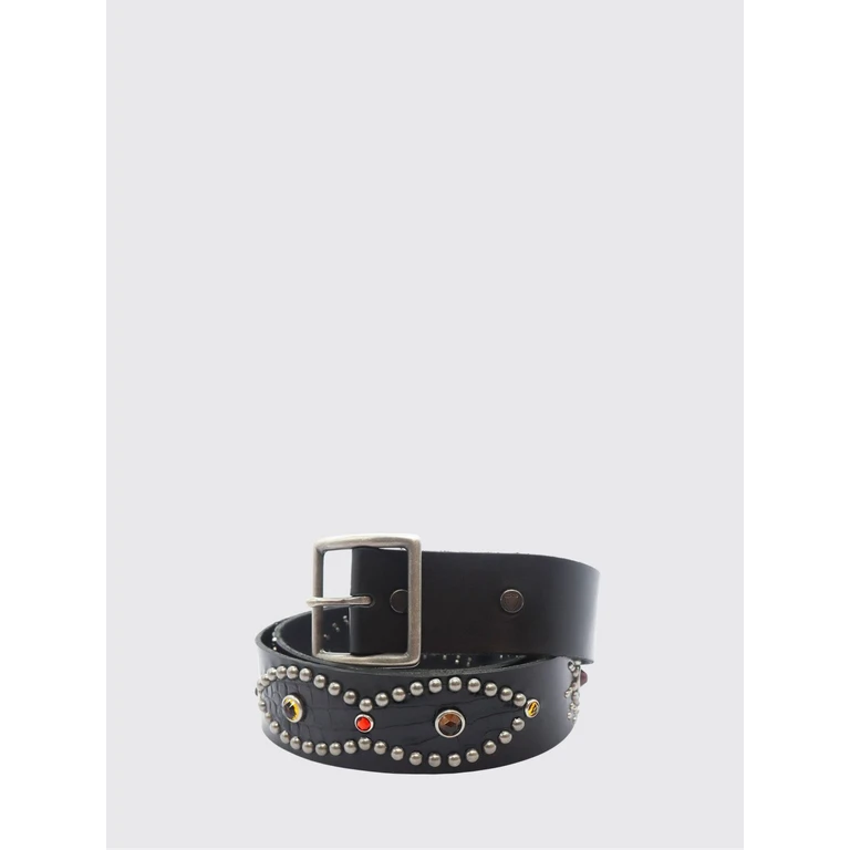 Black Leather Belt with Embroidery and Metal Buckle (26SHTCI017BLACK)