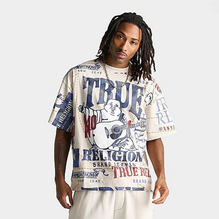 True Religion Men's No. 1 Logo Allover Print Heavyweight Oversized T-Shirt in Natural Size: Small