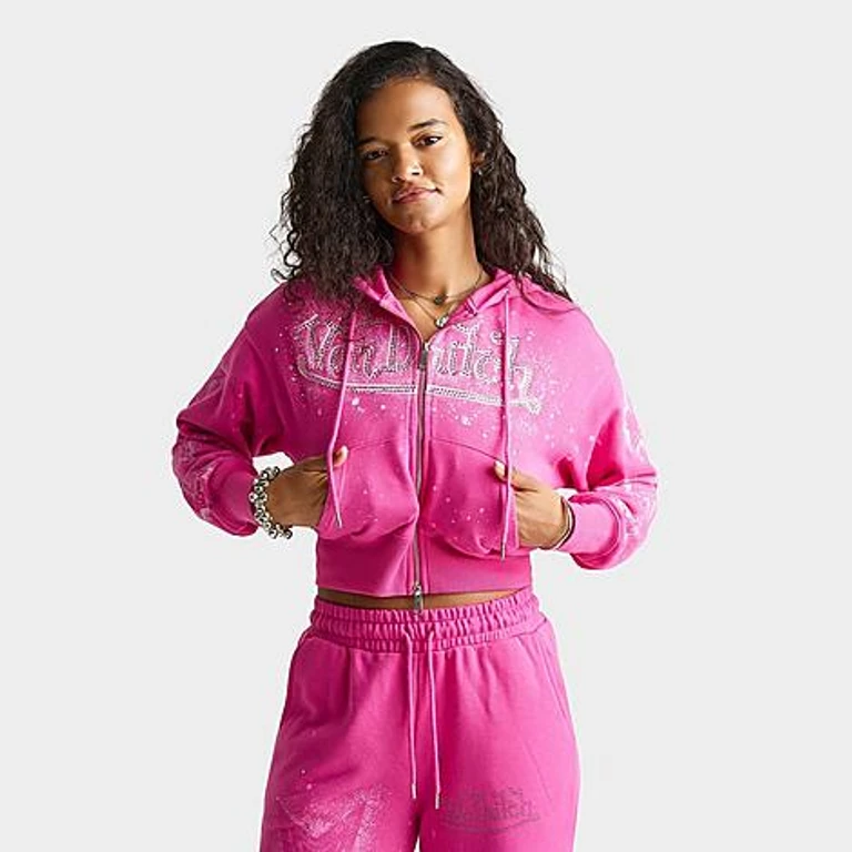 Von Dutch Women's Airbrush Spray Star Cropped Full-Zip Hoodie in Raspberry Rose Size: Small
