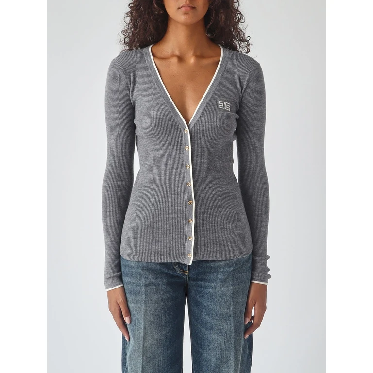 Slim Fit Wool Cardigan with Contrast Trim and Logo (MK16B66E2G41)
