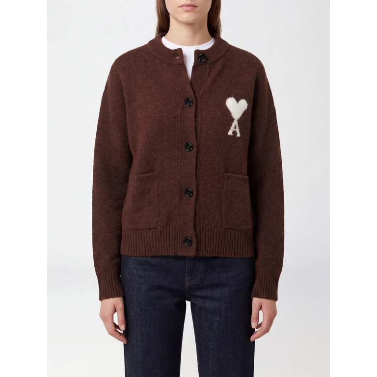 AMI PARIS Relaxed Fit Cardigan in Wool and Alpaca Blend with Jacquard Logo (UKC366KN0135A362)