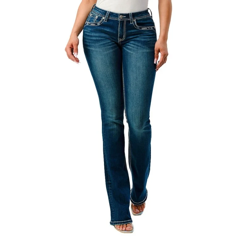 Women's Western Aztec Embroidered Mid Rise Bootcut Jeans