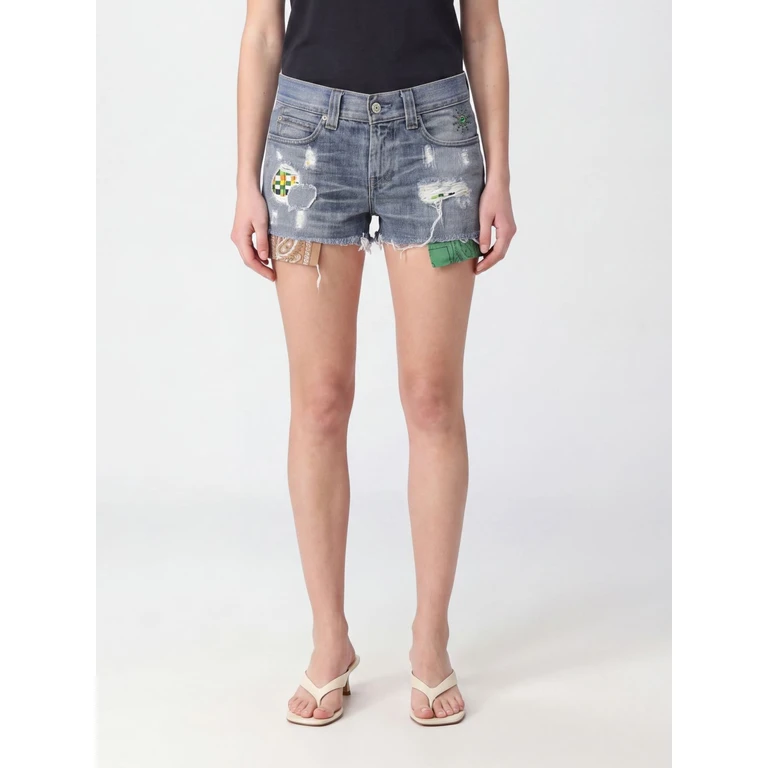 Low-Rise Studded Denim Shorts with Frayed Hem (26SHTPA015GREEN/BEIG)