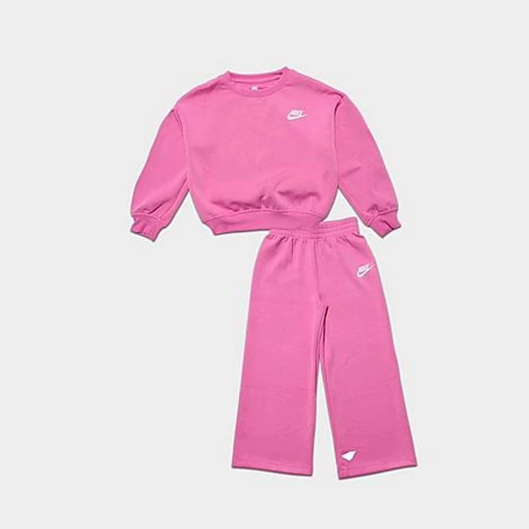 Nike Girls' Little Kids Crewneck Sweatshirt and Wide Leg Sweatpants Set in Playful Pink Size: 4