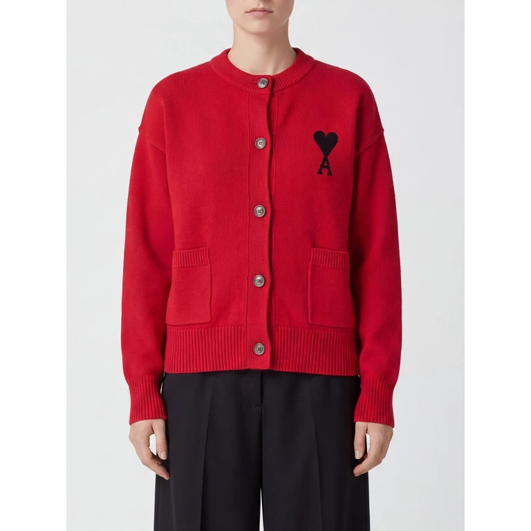 Red Wool Crewneck Cardigan with Contrasting Embroidered Logo (UKC368018A252)