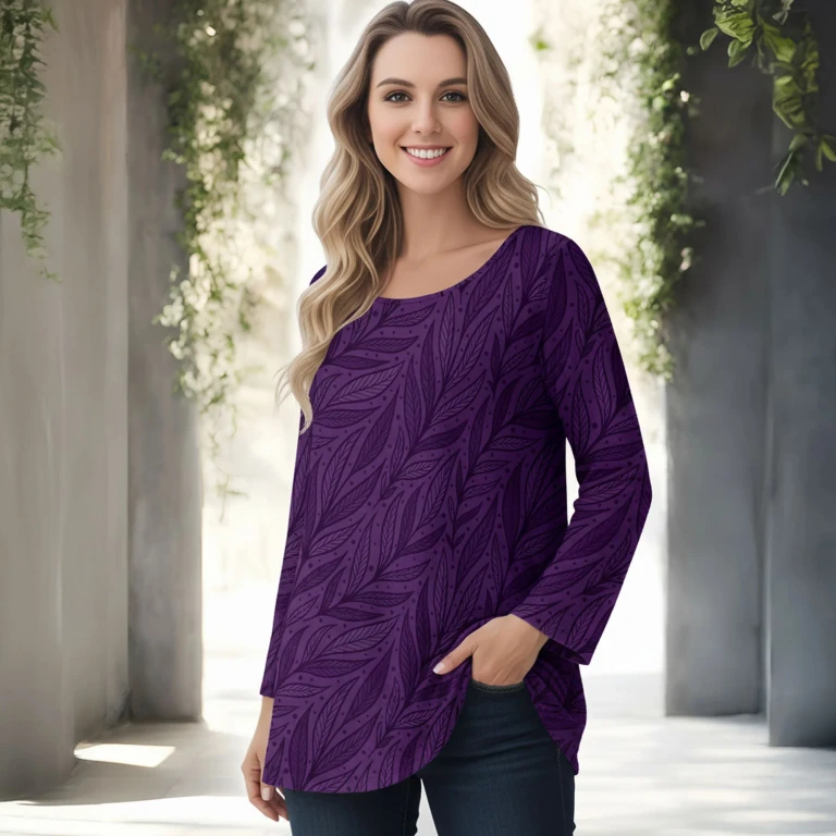 Purple Long Sleeve Round Neck Tunic by Bon Apple Tea