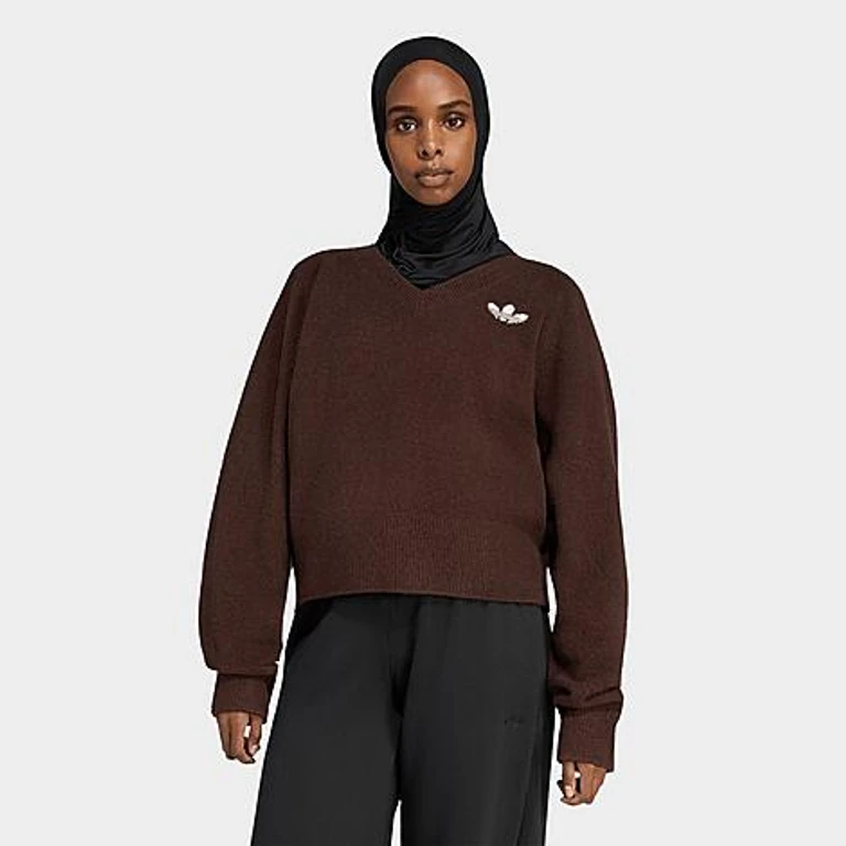 adidas Women's Originals Essentials Knit V-Neck Sweatshirt in Aurora Coffee Size: XXS