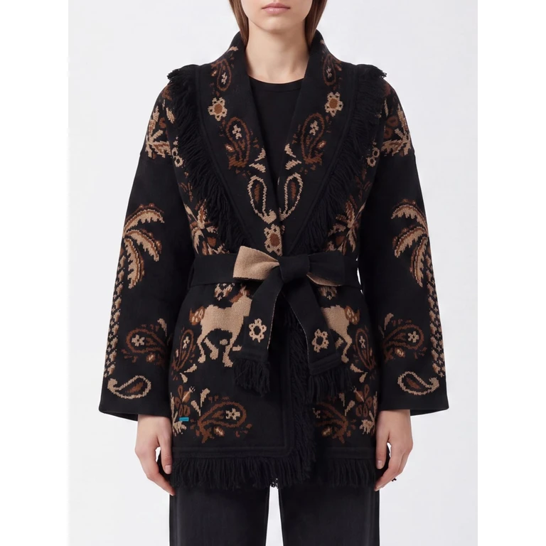 Jacquard Wool and Cashmere Blend Cardigan with Fringed Trim and Belt (LWHB064E26KNI0031061)