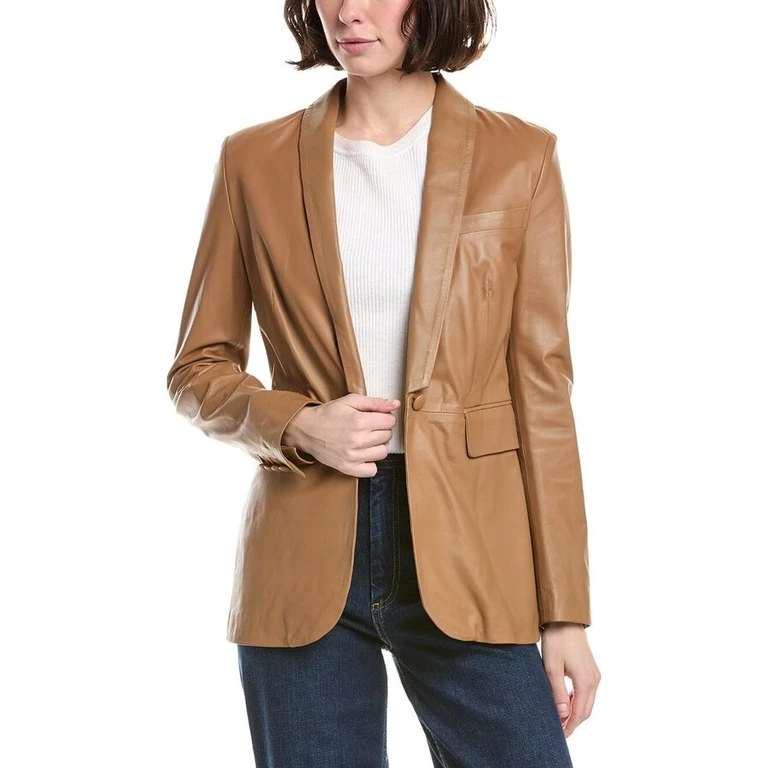 Womens Camel Leather Tailored Blazer