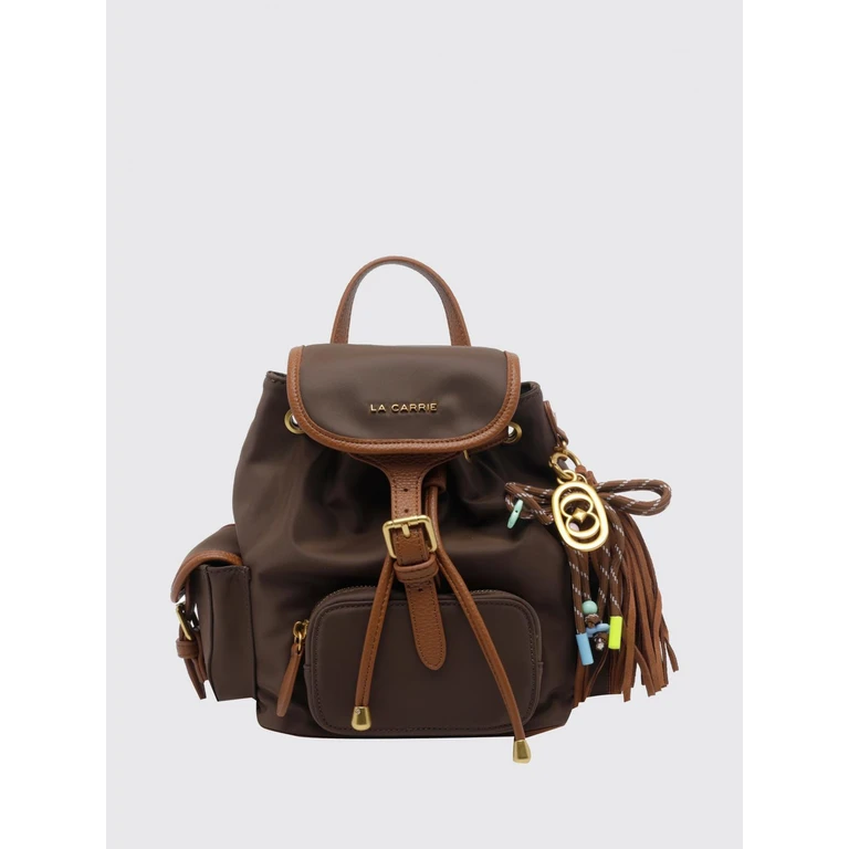 Bicolor Nylon Backpack with Patch Pockets, Tassels and Buckle (162MZB190NYEBROWN)