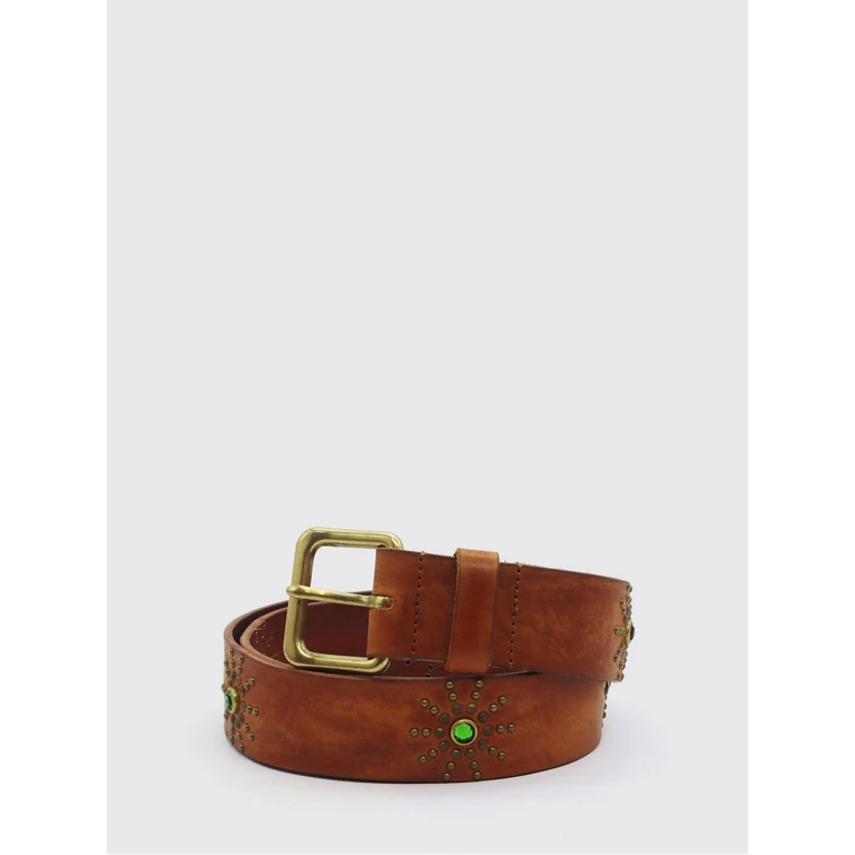 Brown Leather Belt with Embroidery and a Logo Buckle (26SHTCI003102)