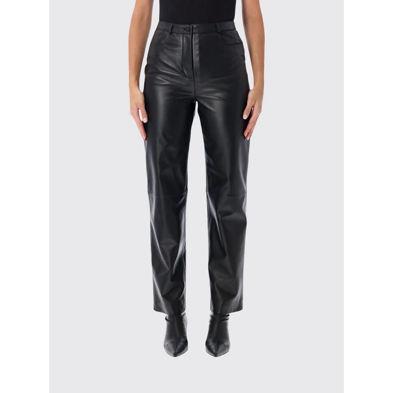 LOULOU DE SAISON High-Waisted Straight Leg Trousers in Smooth Lambskin Leather (COBELDSBLACK)