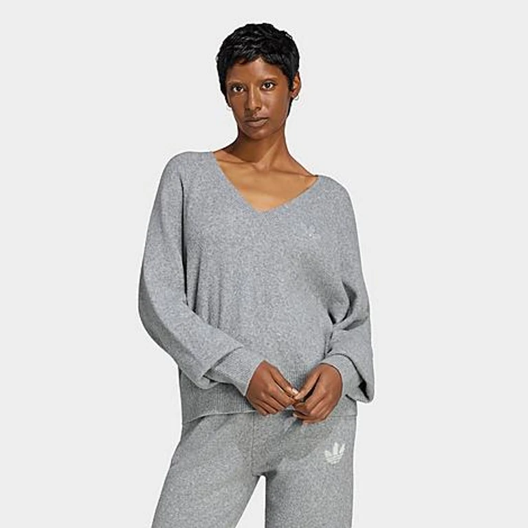 adidas Women's Originals Essentials Knit V-Neck Sweatshirt in Medium Grey Heather Size: XXS