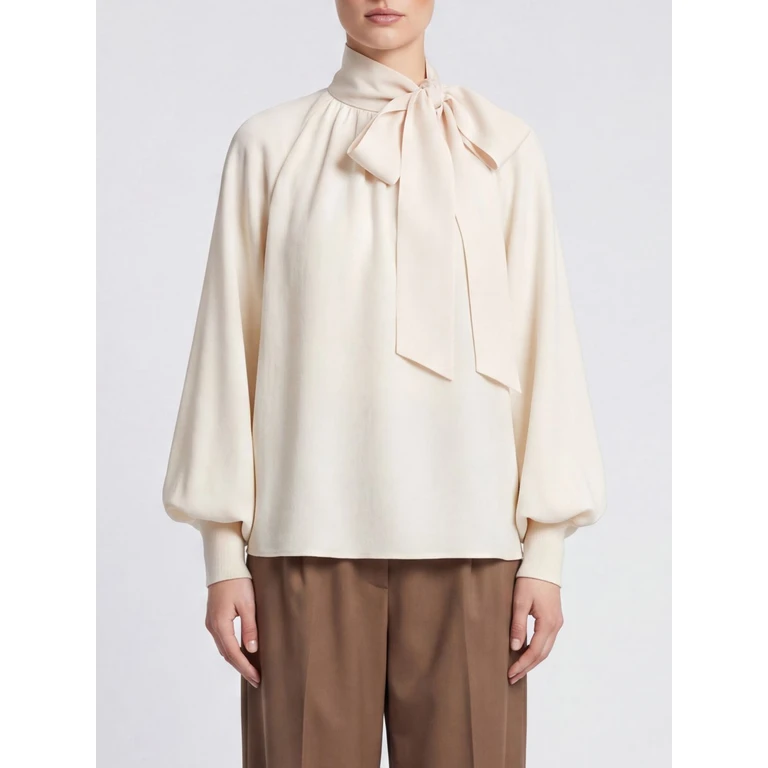 Balloon Sleeve Knit Top in Merino Wool with Pussy-Bow Neck (9443TF26RCRM)