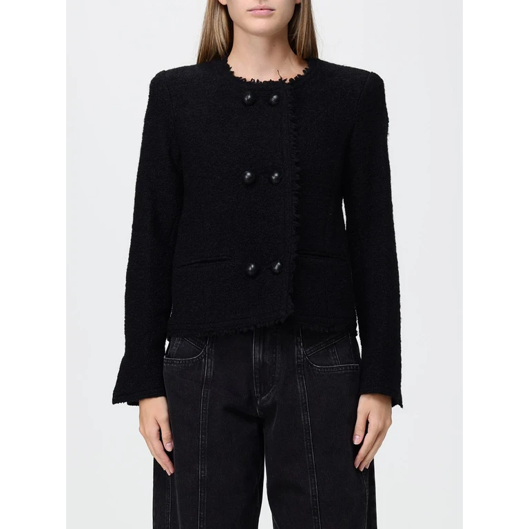 Short Double-Breasted Wool Blend Blazer with Frayed Hem (VE0751FAD3E05I01BK)