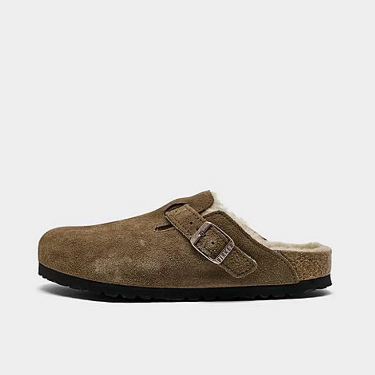 Birkenstock Women's Boston Shearling Suede Leather Clogs in Dark Tear/Sandcastle Size: 36