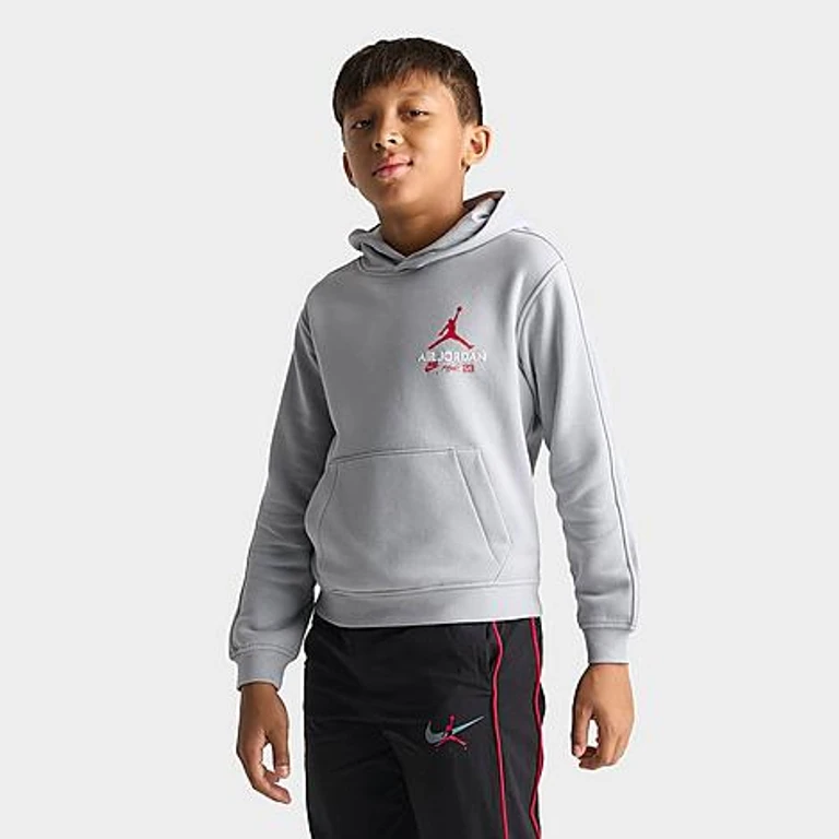 Jordan Big Kids MJ Quality Graphic Pullover Hoodie in Light Smoke Grey Size: Small