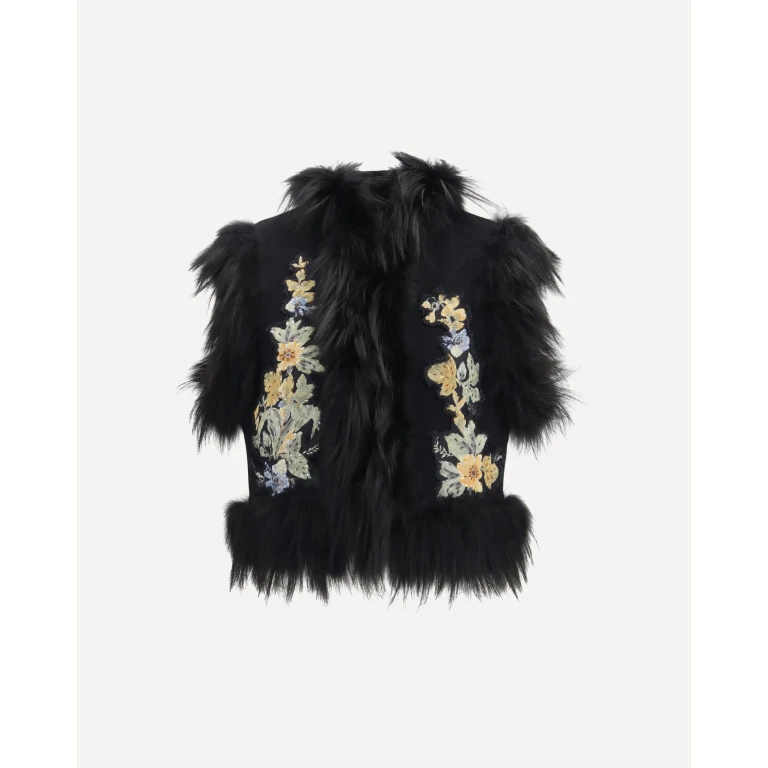 Virgin wool Vest with fur collar and floral embroidery Female 40