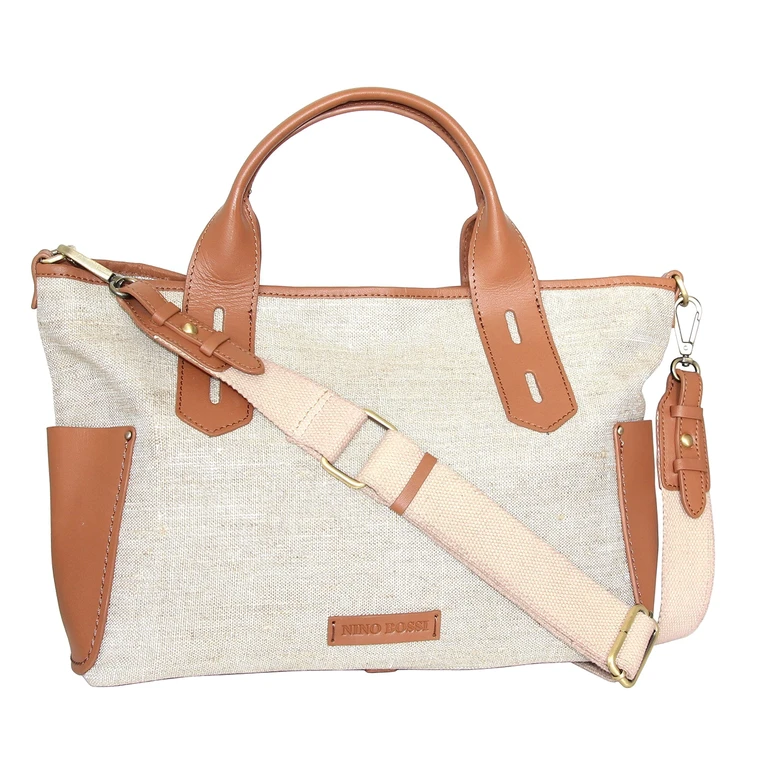 Delana Linen/Leather Tote - Cognac
