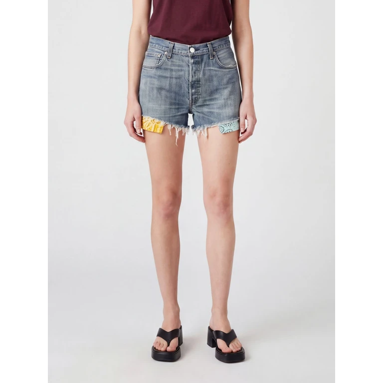 High-Waisted Denim Shorts with Bandana Embroidery and Frayed Hem (26SHTPA011YELLOW/AZU)