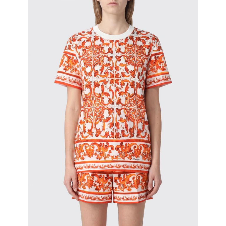 Majolica Print Cotton T-Shirt with Contrast Logo (F8V42TGDDT6S9000)