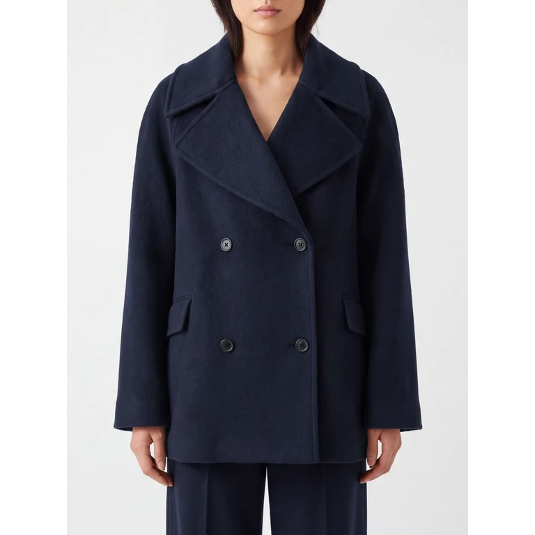 LOULOU DE SAISON Short Double-Breasted Wool and Cashmere Coat with Dropped Shoulders (NEILNAVYMELANGE)