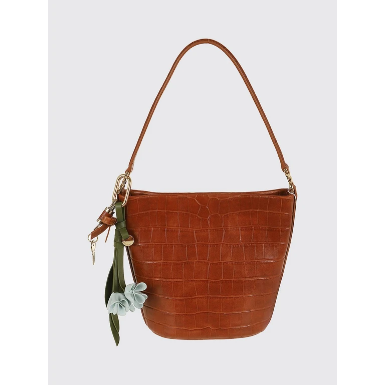 Croc-Effect Leather Mini Bucket Bag with Top Handle (PF26312ABBROWN)