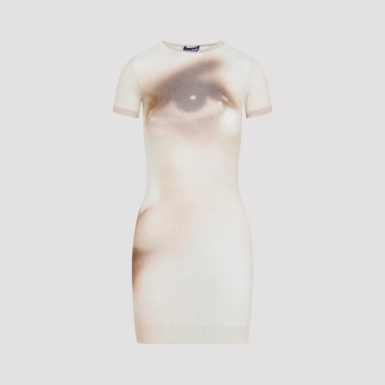 Printed Face Mesh Short Dress