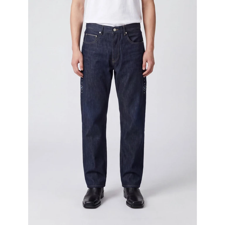 Straight Fit Studded Cotton Denim Jeans with Embroidery (26SNCPA026BLUE)