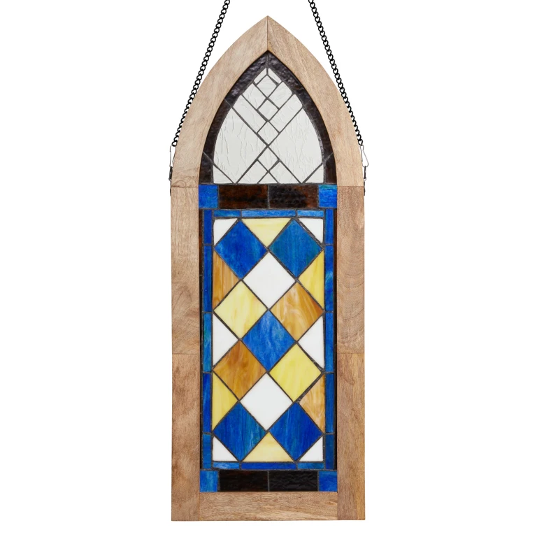 36" H Victorian Checkerboard Cathedral-Style Stained Glass Window Panel