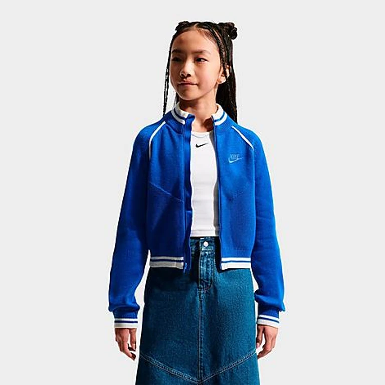 Girls' Big Kids Sportswear Collection Sweater Full-Zip Track Jacket in Game Royal/White Size: XS