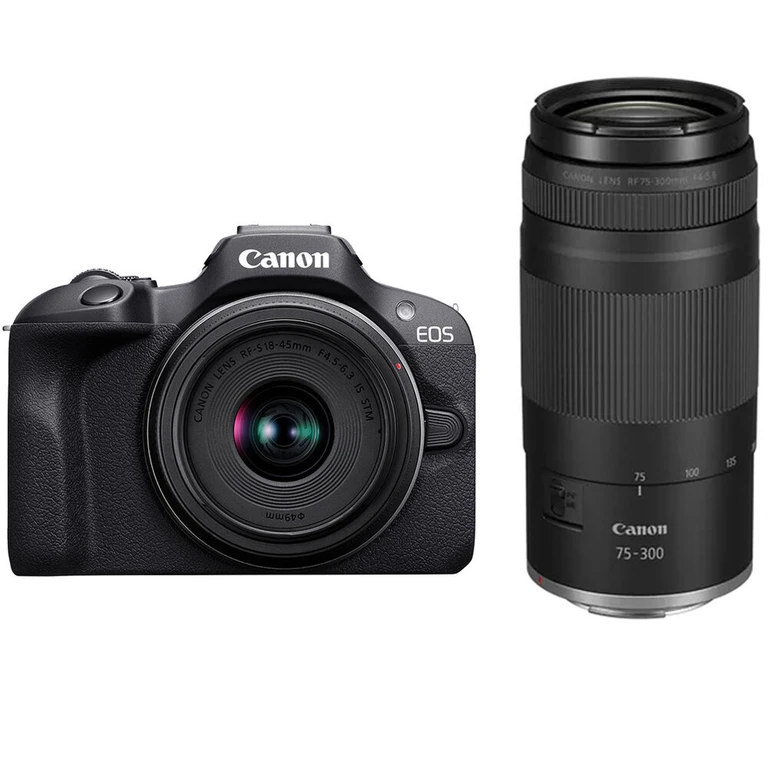 EOS R100 Systemkamera mit RF-S 18-45mm STM und RF-S 55-210mm STM Objektiven