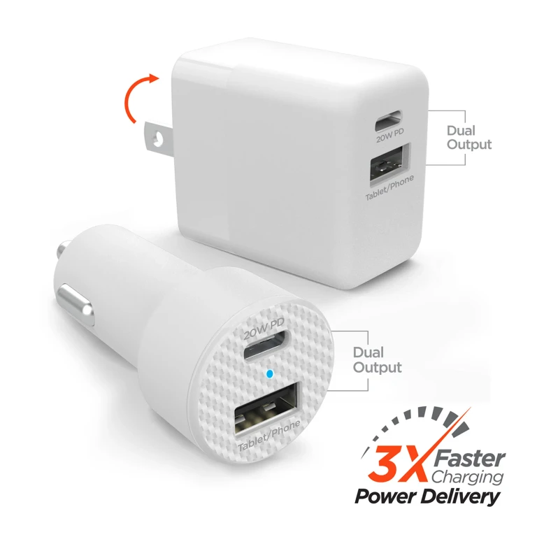 USB-C Power Delivery Charging Bundle - 20W USB-C PD Wall Charger & Fast Car Charger Set