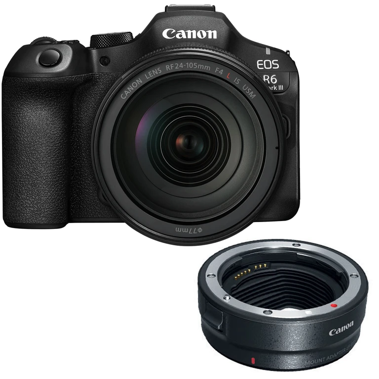 EOS R6 Mark III Systemkamera mit RF 24-105mm f/4L IS Objektiv und EF-EOS R Mount Adapter
