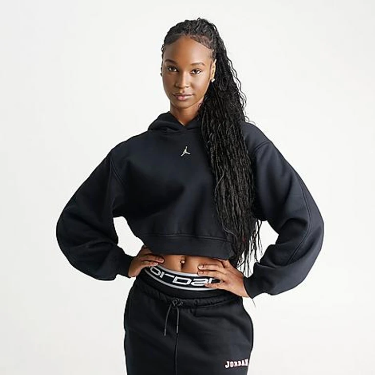 Jordan Women's Brooklyn Fleece Gel Logo Cropped Pullover Hoodie in Black Size: XS