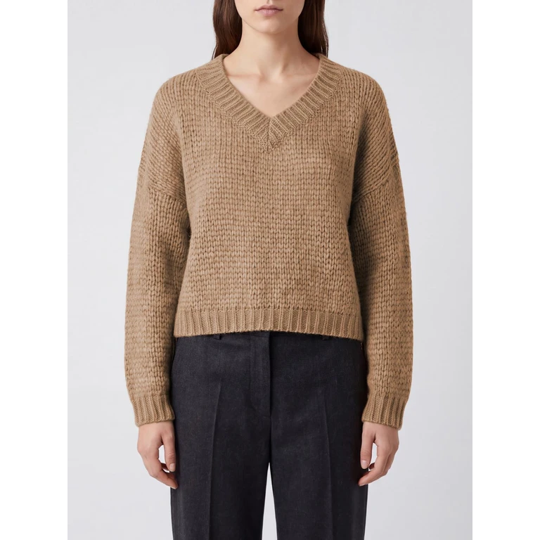 V-Neck Alpaca and Wool-Blend Jumper with Ribbed Trims (263FXB47002CAMMELLO)