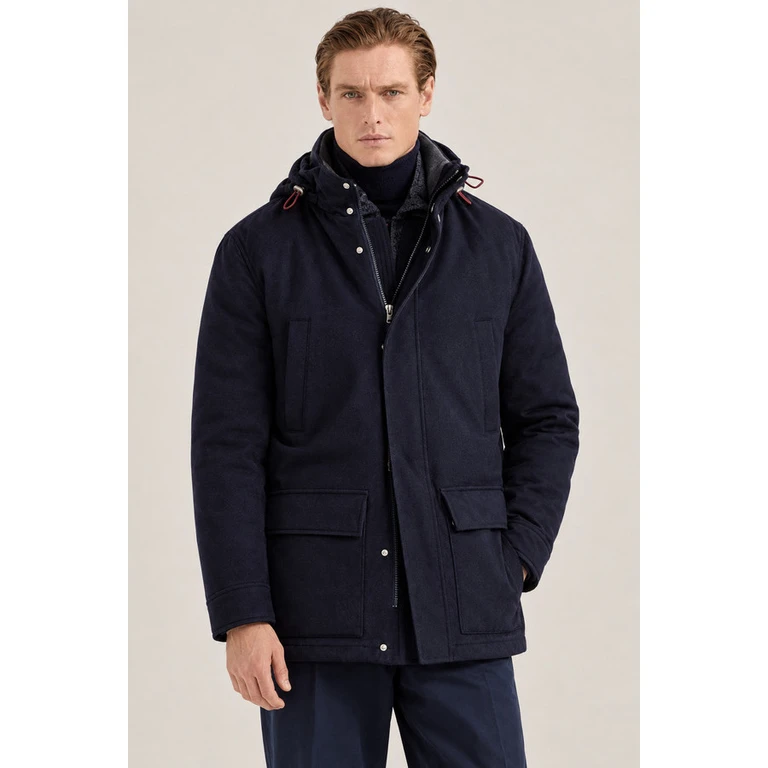 Mens Navy Wool Hooded Jacket