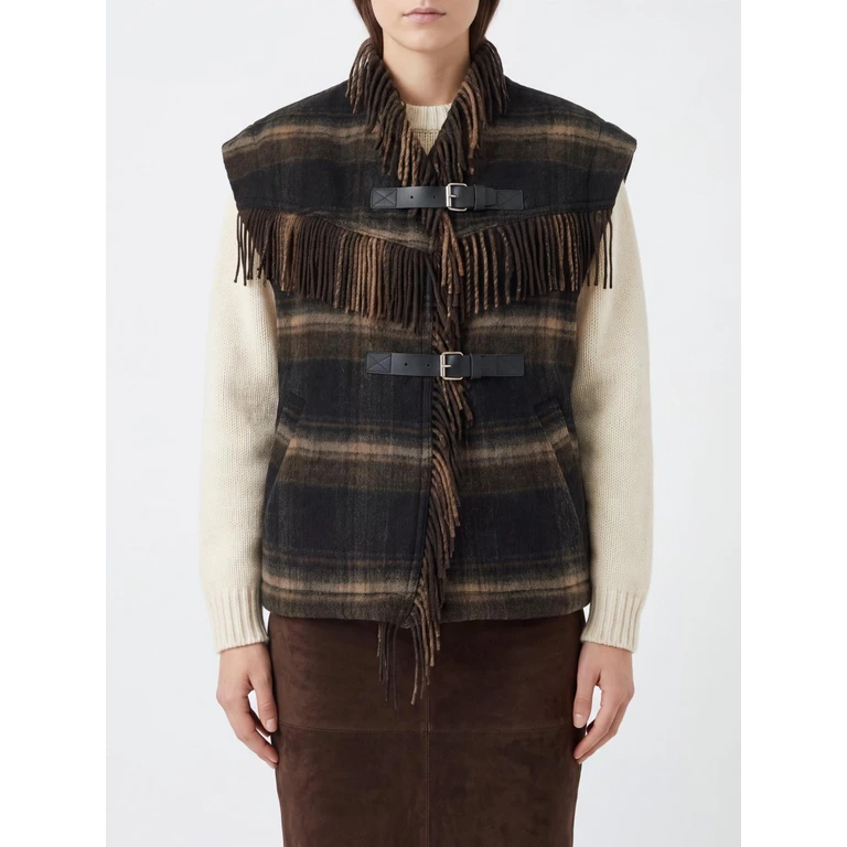 Tartan-Wollmix-West mit hohem Kragen und Fransen