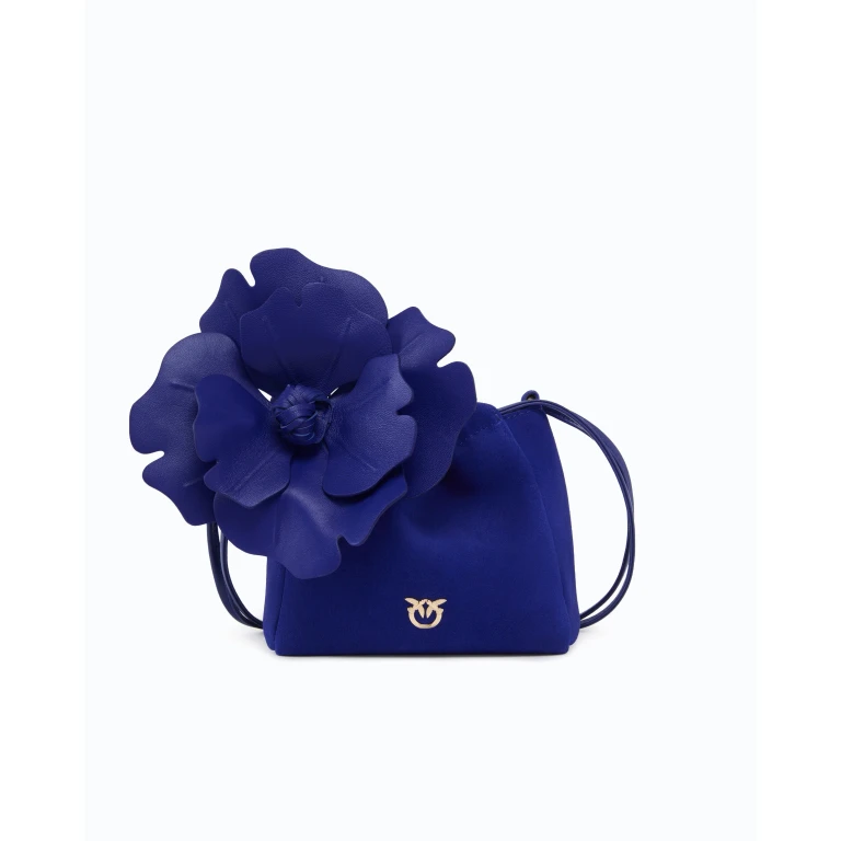 Secchiello Pinko in camoscio con logo Love Birds e fiore rimovibile